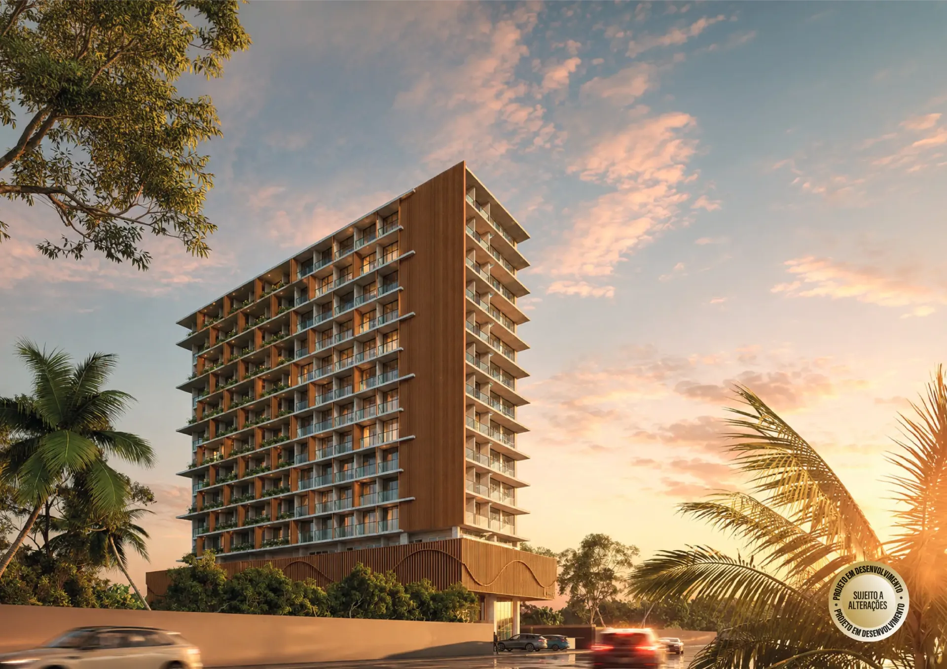 Fachada contemporânea do Edifício Lume ao entardecer